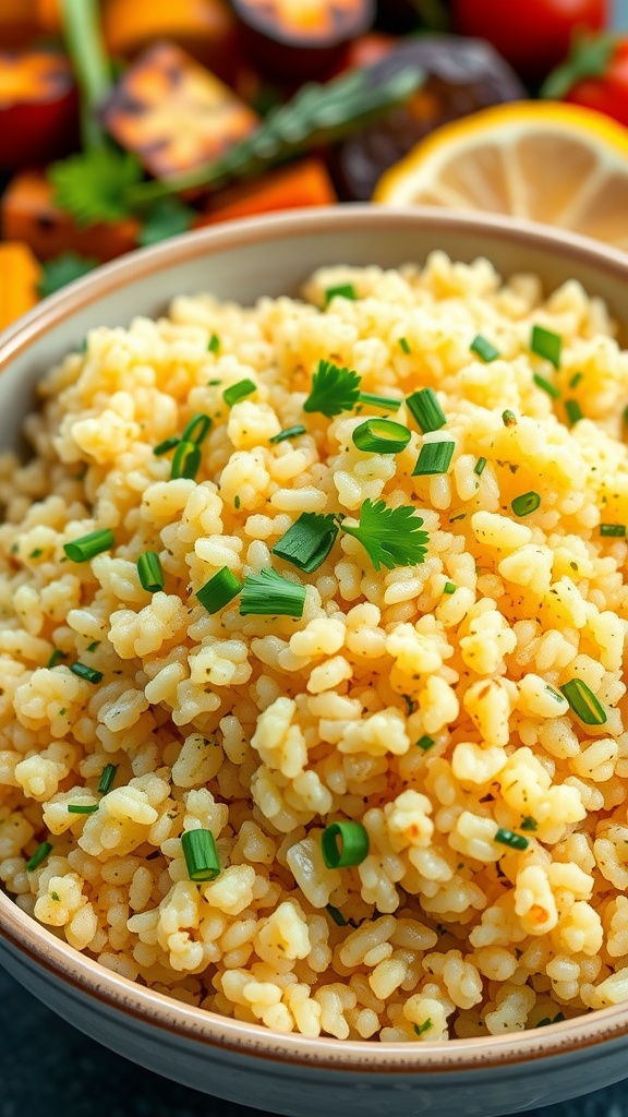 A bowl of garlic quinoa with parsley and chives, served with roasted vegetables and lemon.